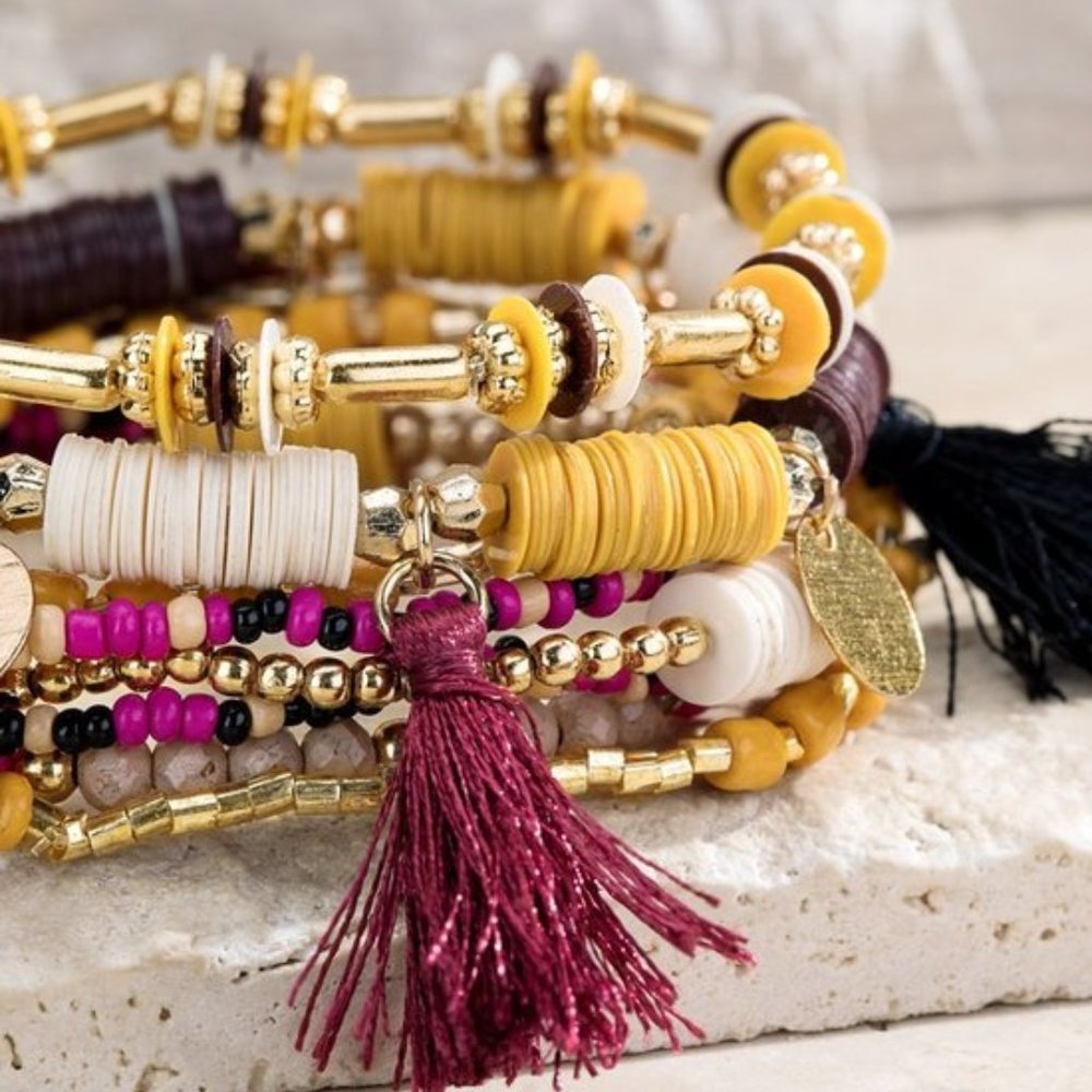 Beads Bracelet Set with Gold Accents and Tassel! 🌺✨